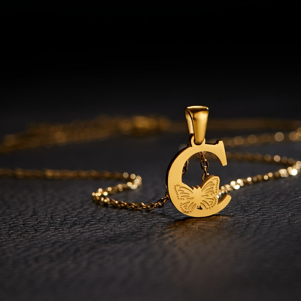14k Dainty Butterfly Initial Necklace
