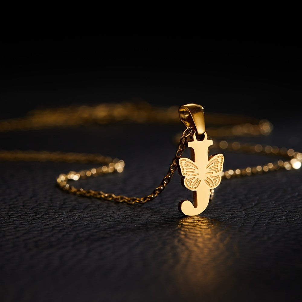 14k Dainty Butterfly Initial Necklace
