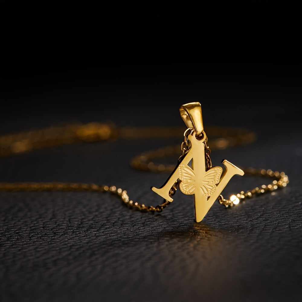 14k Dainty Butterfly Initial Necklace