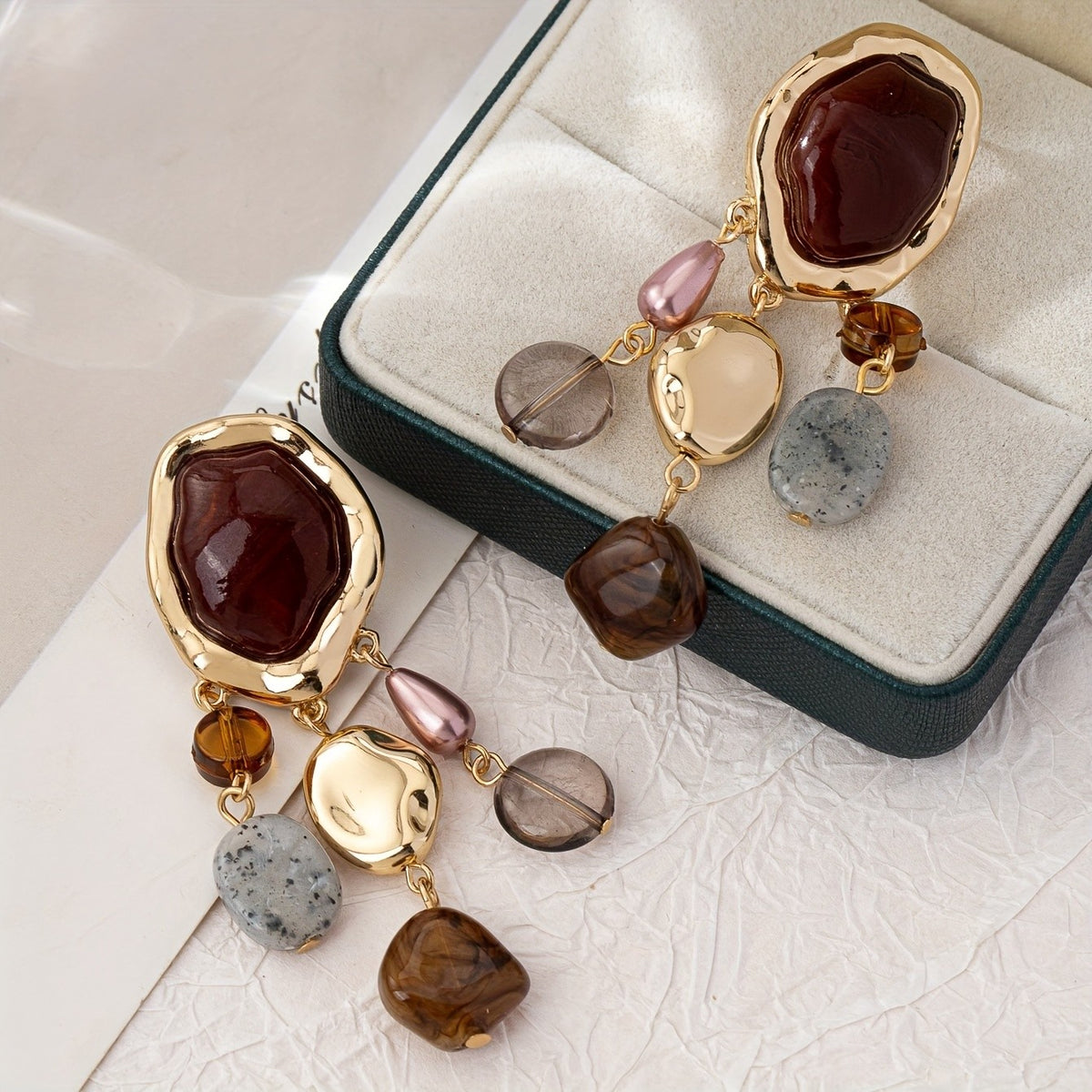 18k Vintage Boho Gemstone Drop Earrings