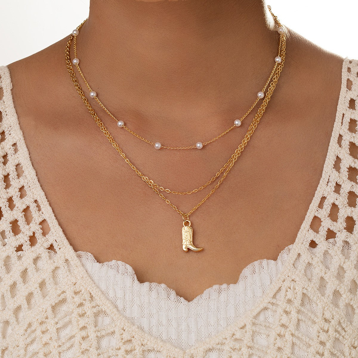 18k Dainty Pearl Layered Cowboy Boot Necklace