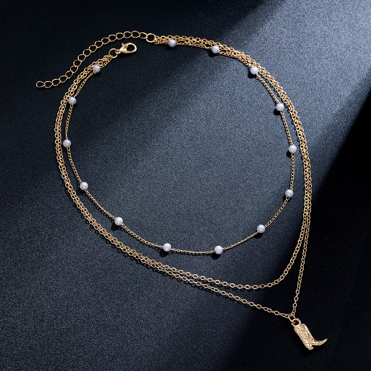 18k Dainty Pearl Layered Cowboy Boot Necklace