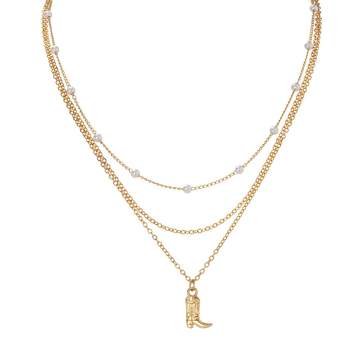 18k Dainty Pearl Layered Cowboy Boot Necklace