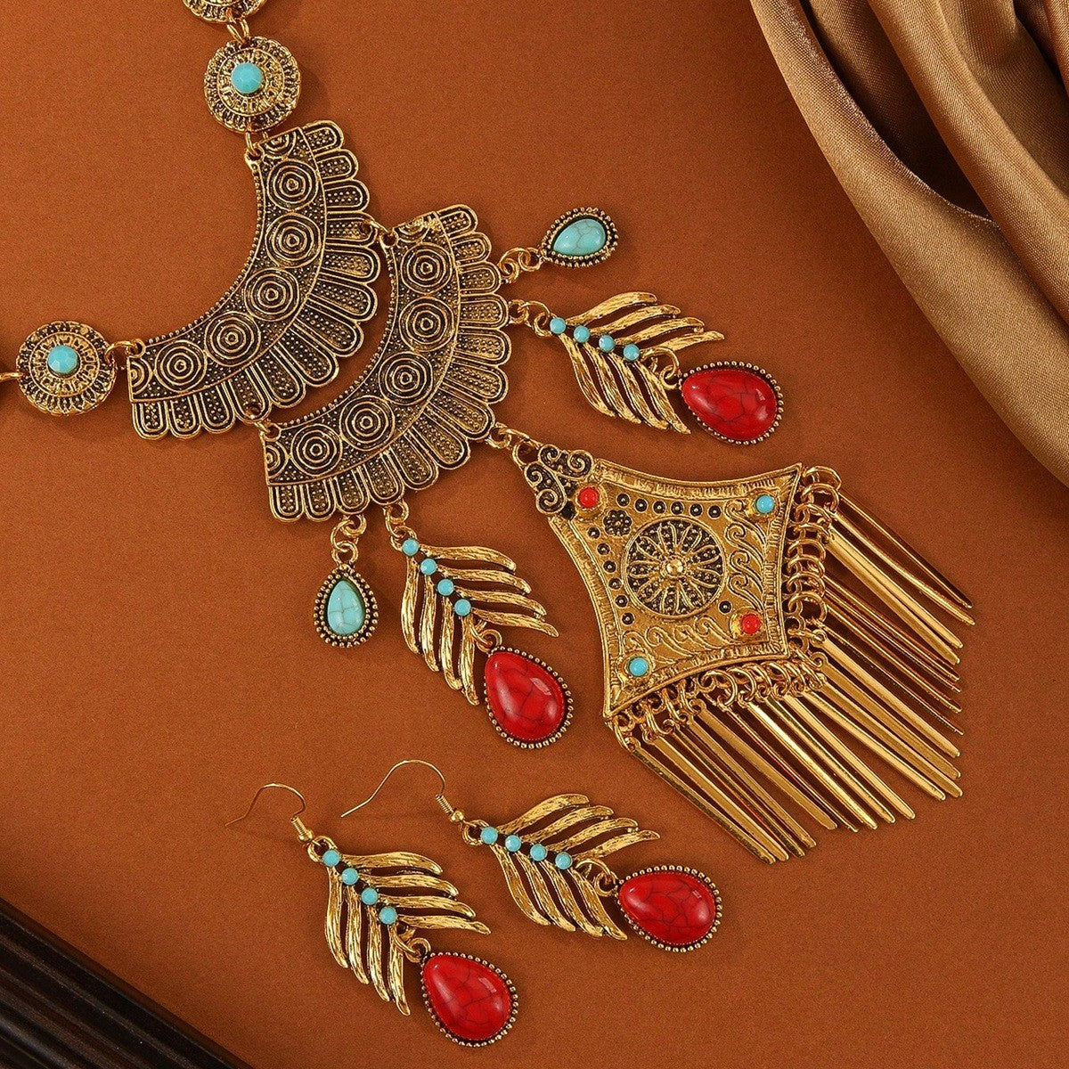 Boho Vintage Leaf Tassel Necklace & Earring Set