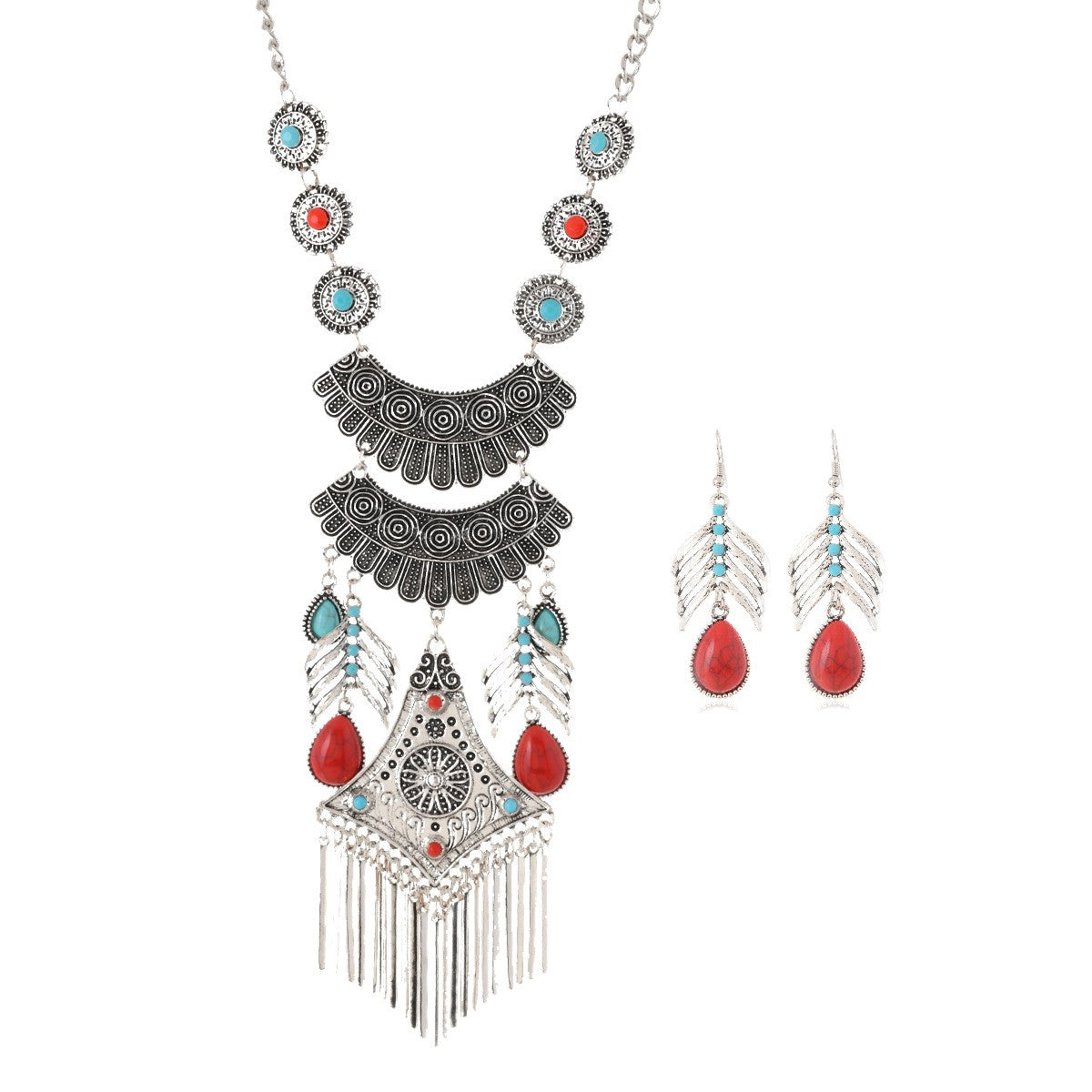 Boho Vintage Leaf Tassel Necklace & Earring Set