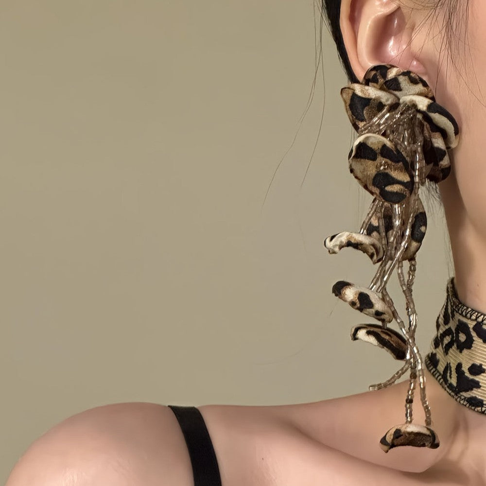 Vintage Leopard Print Acrylic Flower Tassel Earrings