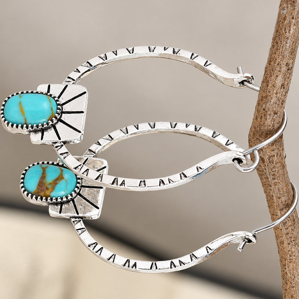 Boho Vintage Turquoise Sunburst Hoop Earrings