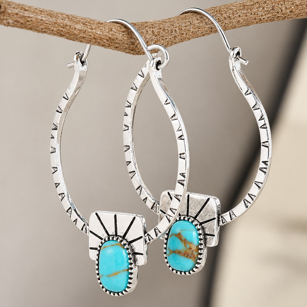 Boho Vintage Turquoise Sunburst Hoop Earrings