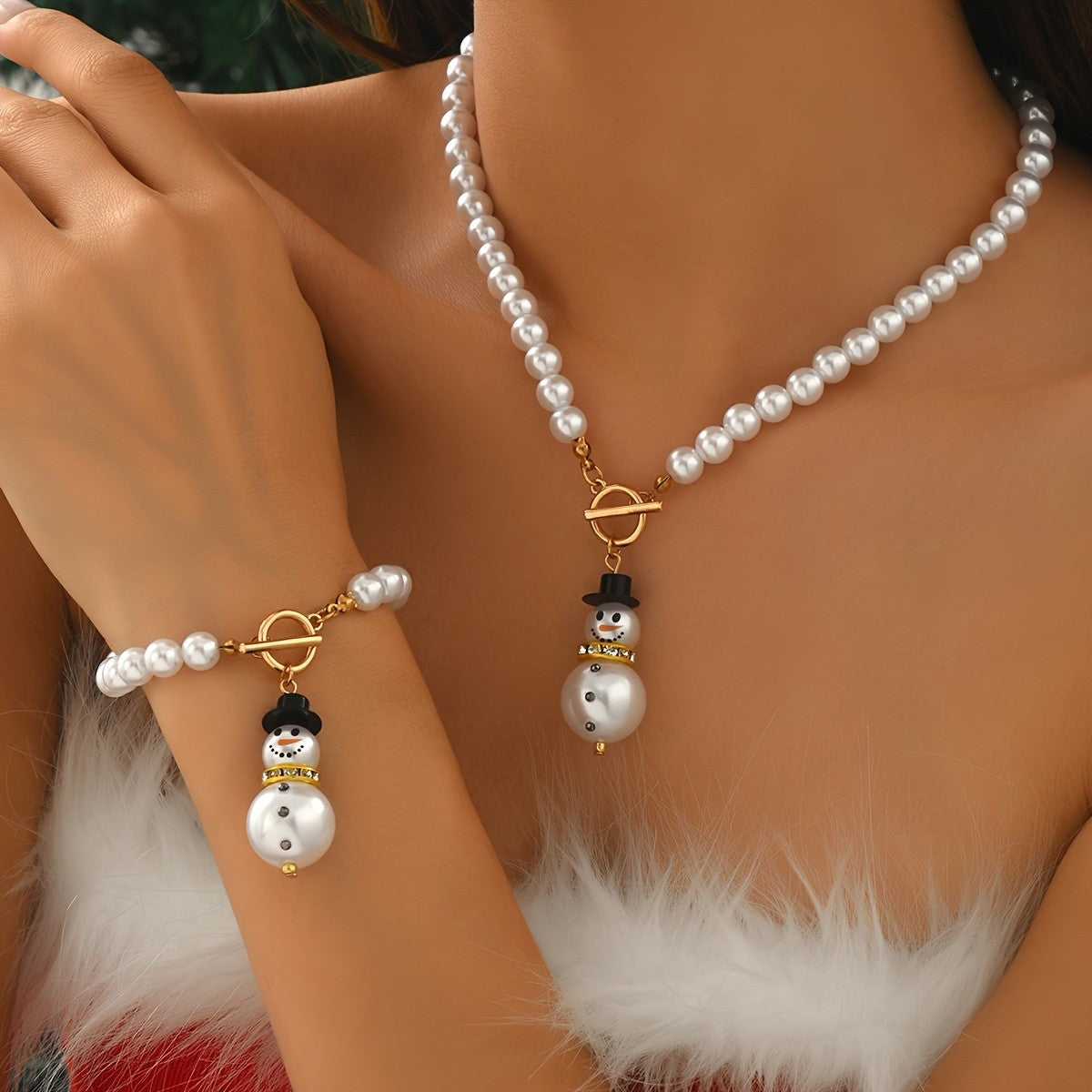 Festive Snowman Pearl Necklace Set