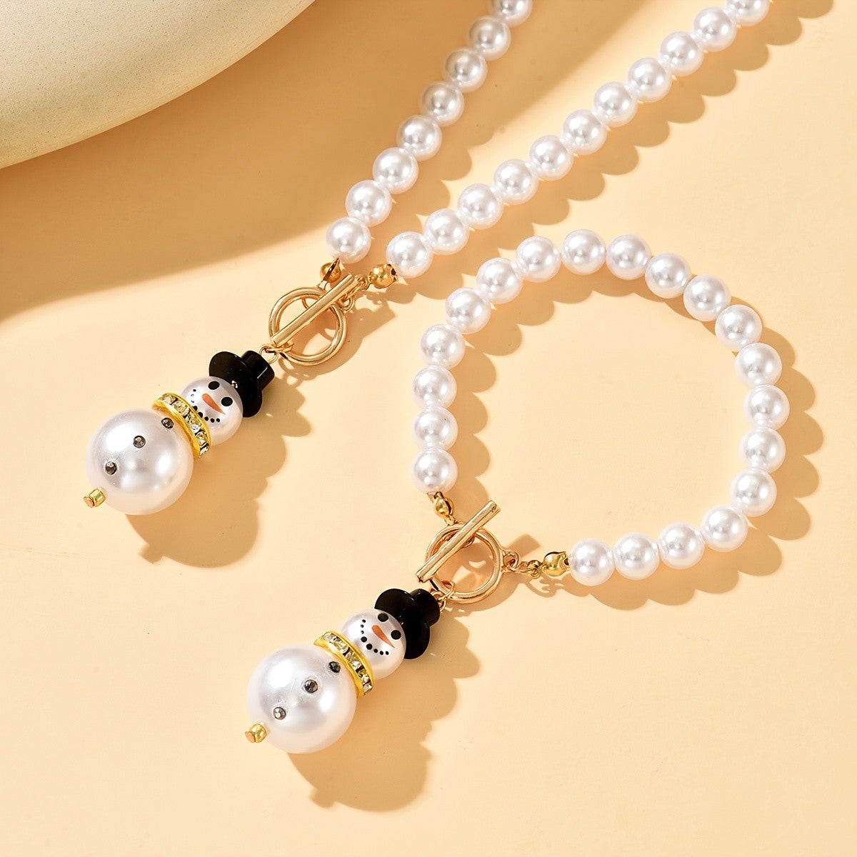 Festive Snowman Pearl Necklace Set