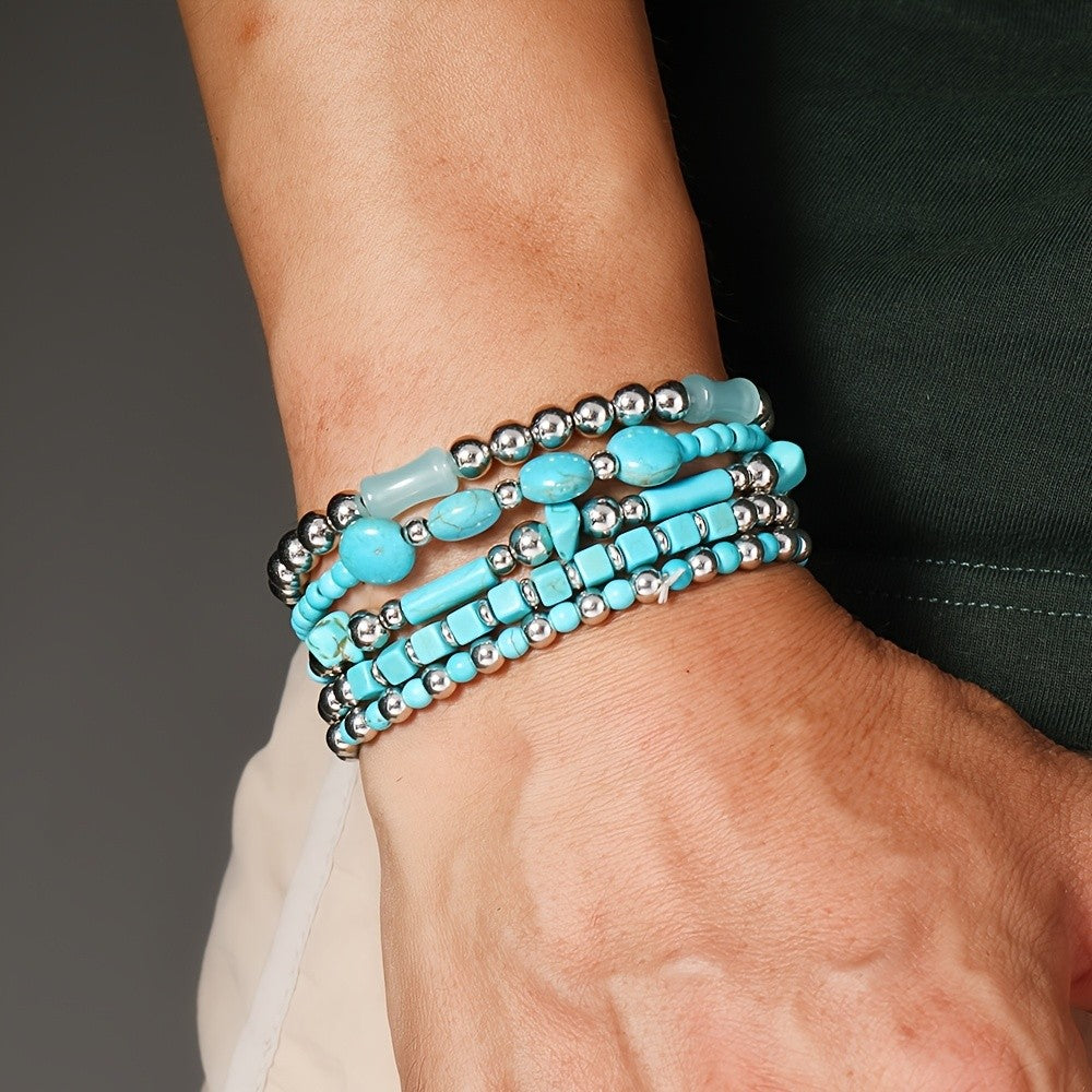 Boho Layered Turquoise Bead Bracelet Set
