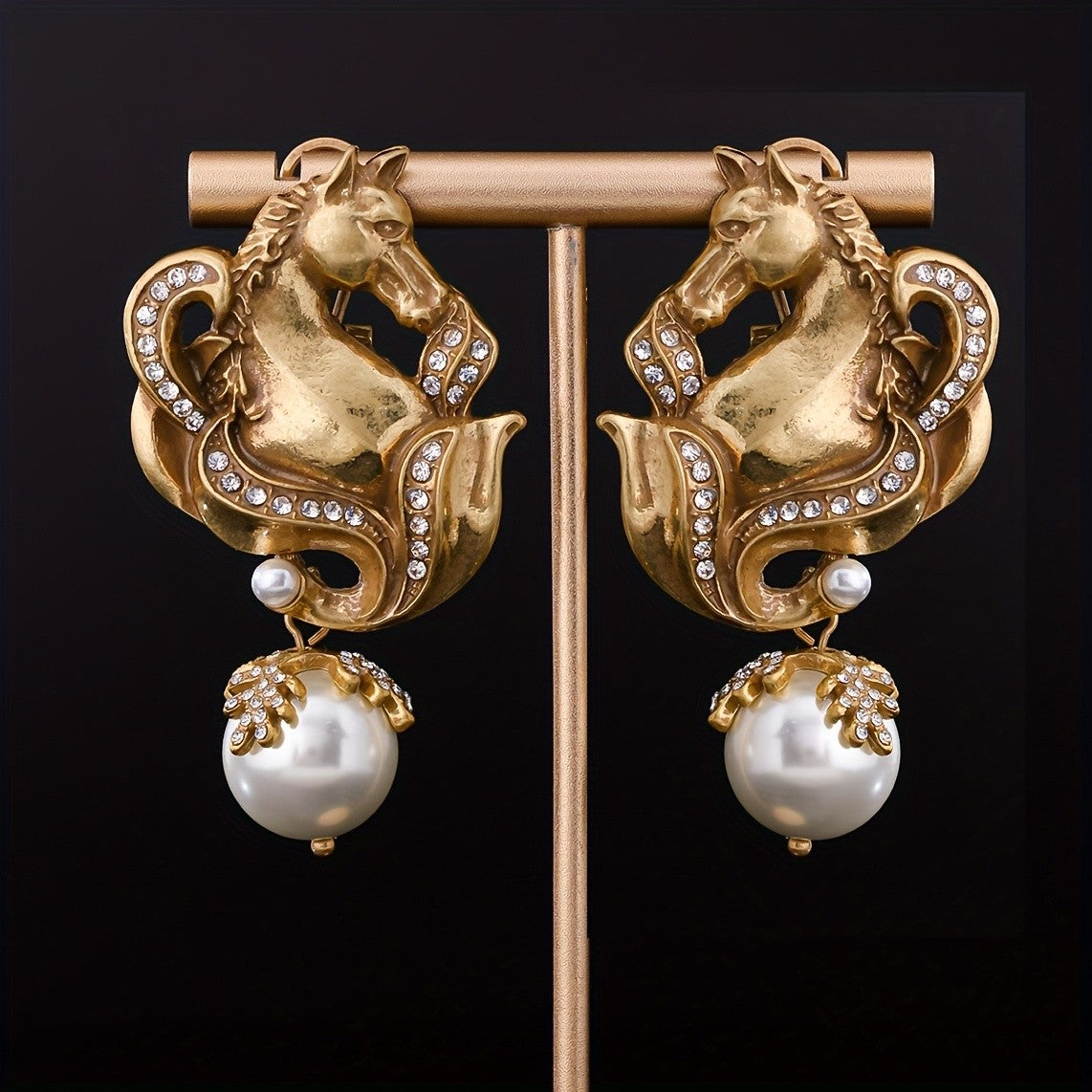 Vintage Elegant Horse Pearl Drop Earrings
