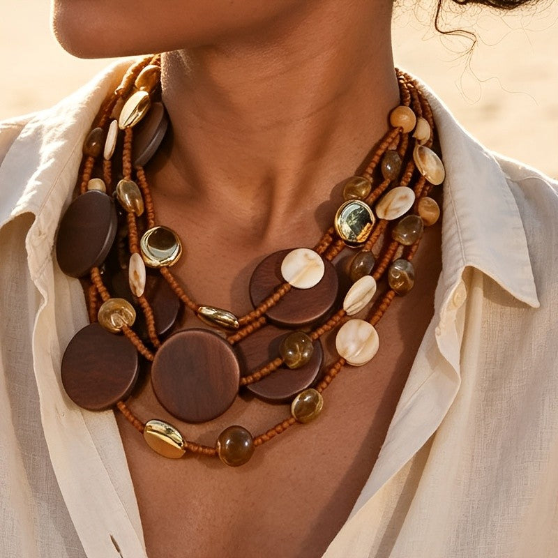 Boho Vintage Wood & Shell Multi-Layer Necklace