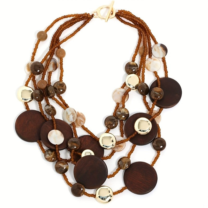 Boho Vintage Wood & Shell Multi-Layer Necklace