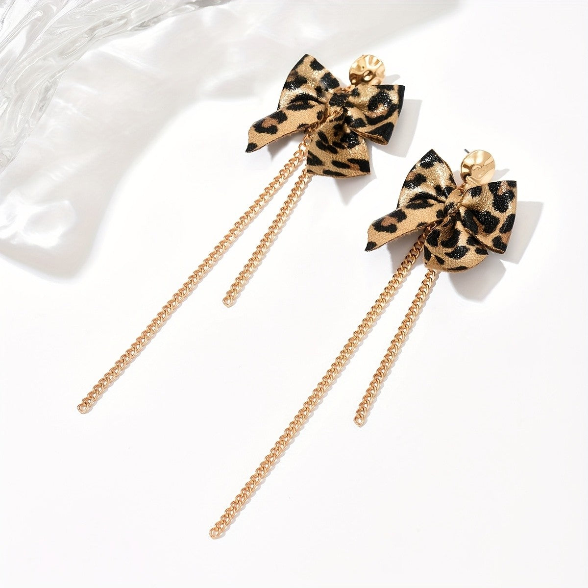 Leopard Print Bow Tassel Chain Earrings