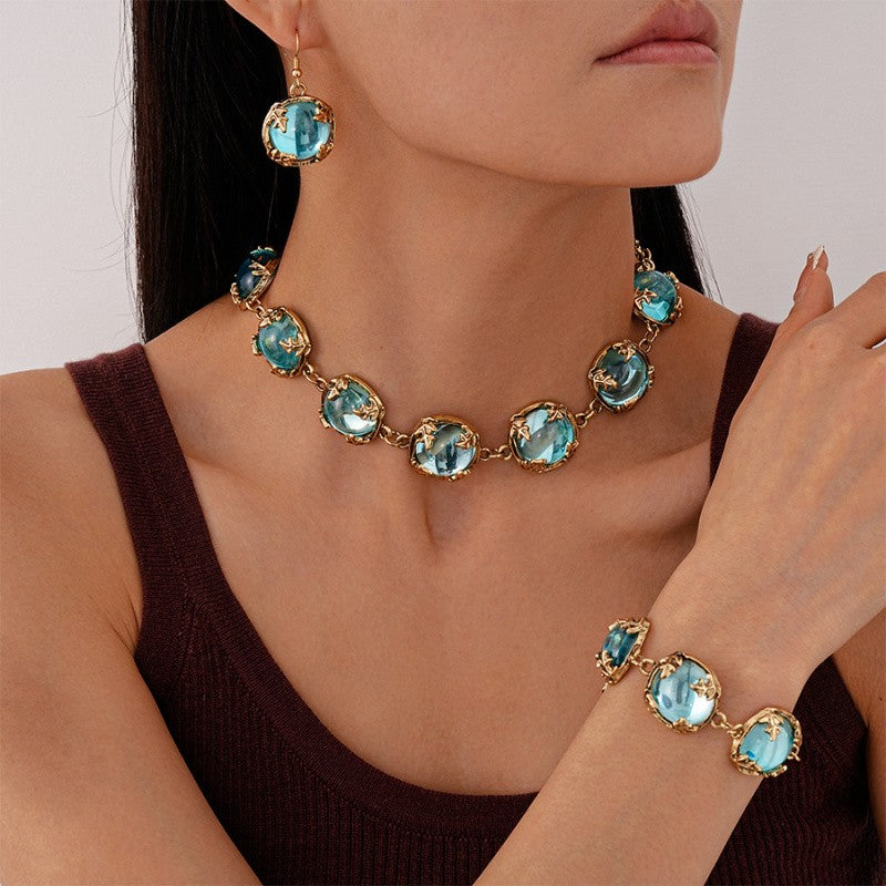 Classy Blue Resin Collar Necklace, Bracelet & Earring Set