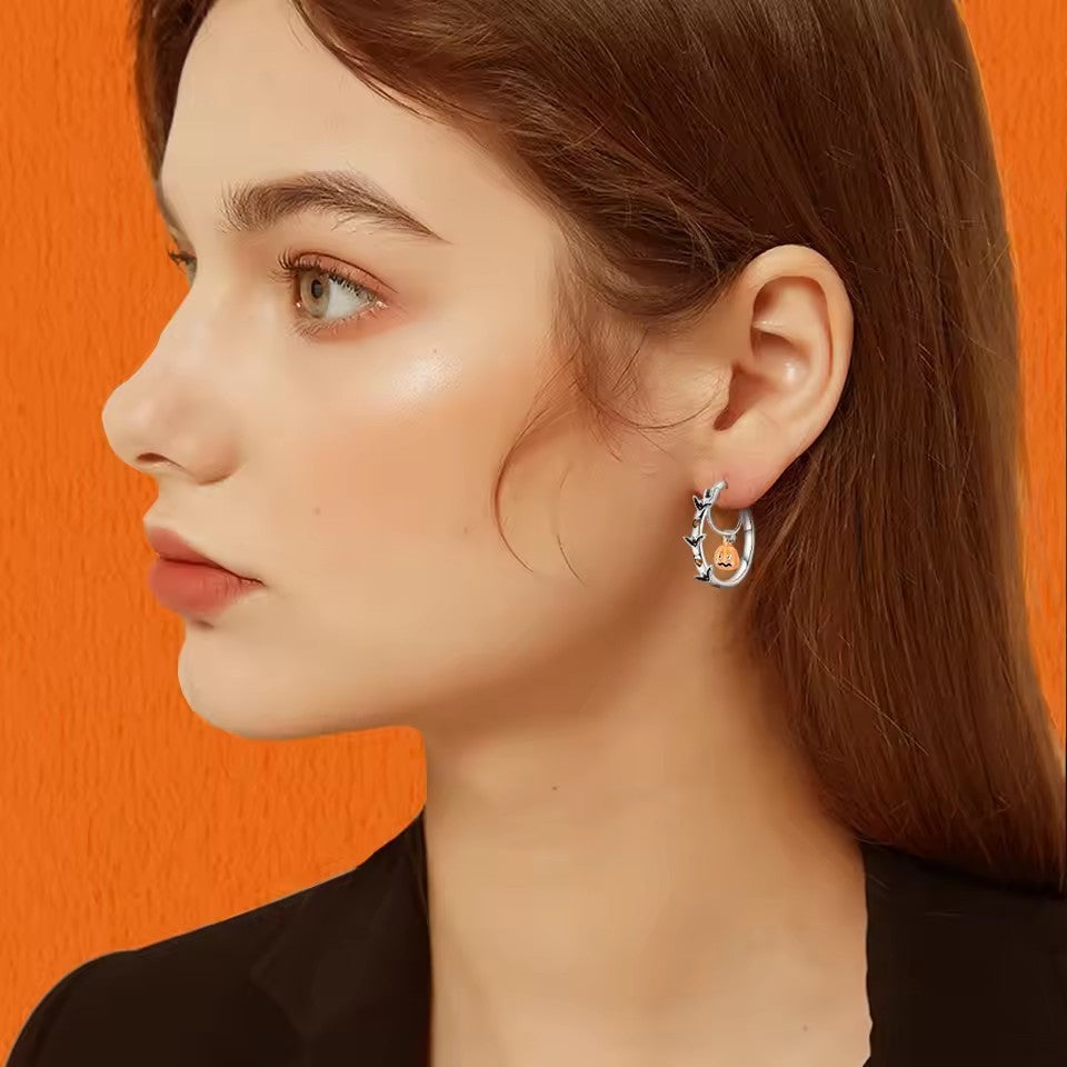 Playful Halloween Bat Pumpkin Hoop Earrings