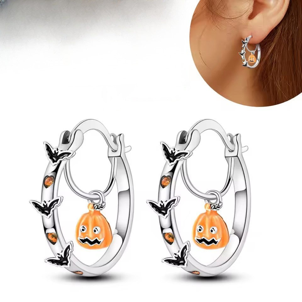 Playful Halloween Bat Pumpkin Hoop Earrings