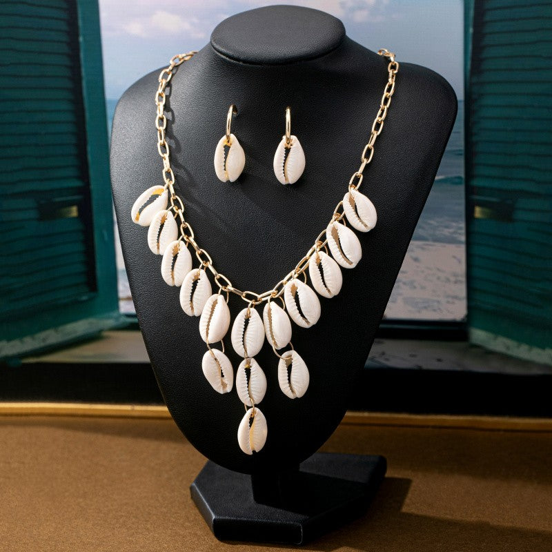 S925 Boho Cowrie Shell Necklace & Earring Set