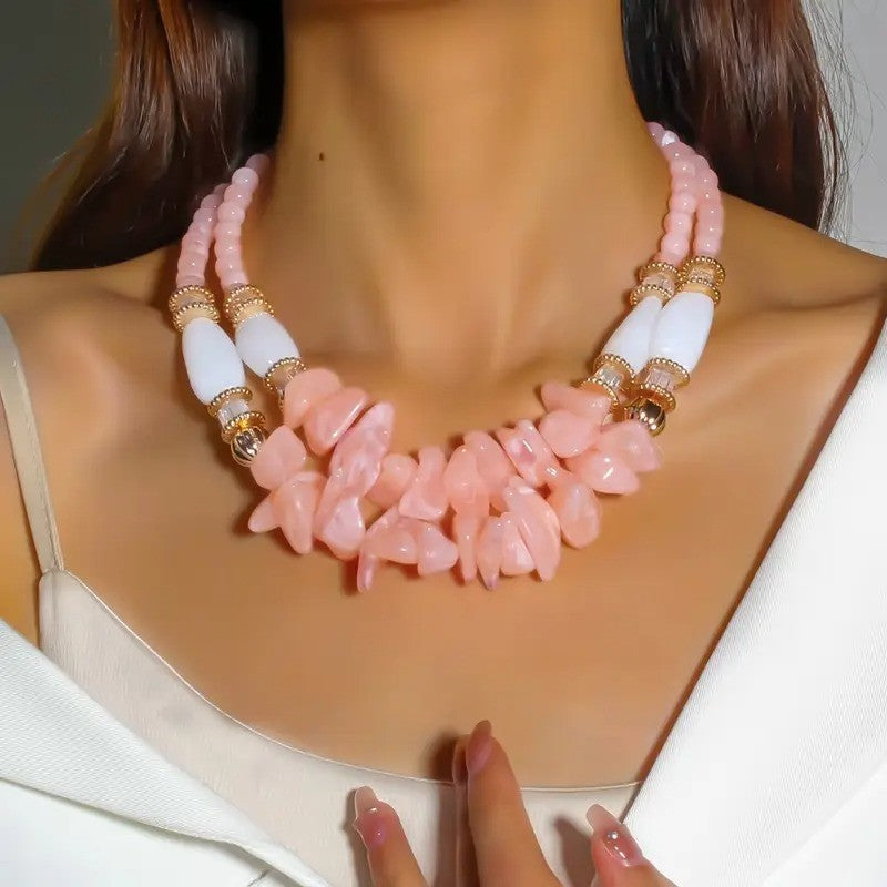 Boho Pink Resin Stone Layered Necklace
