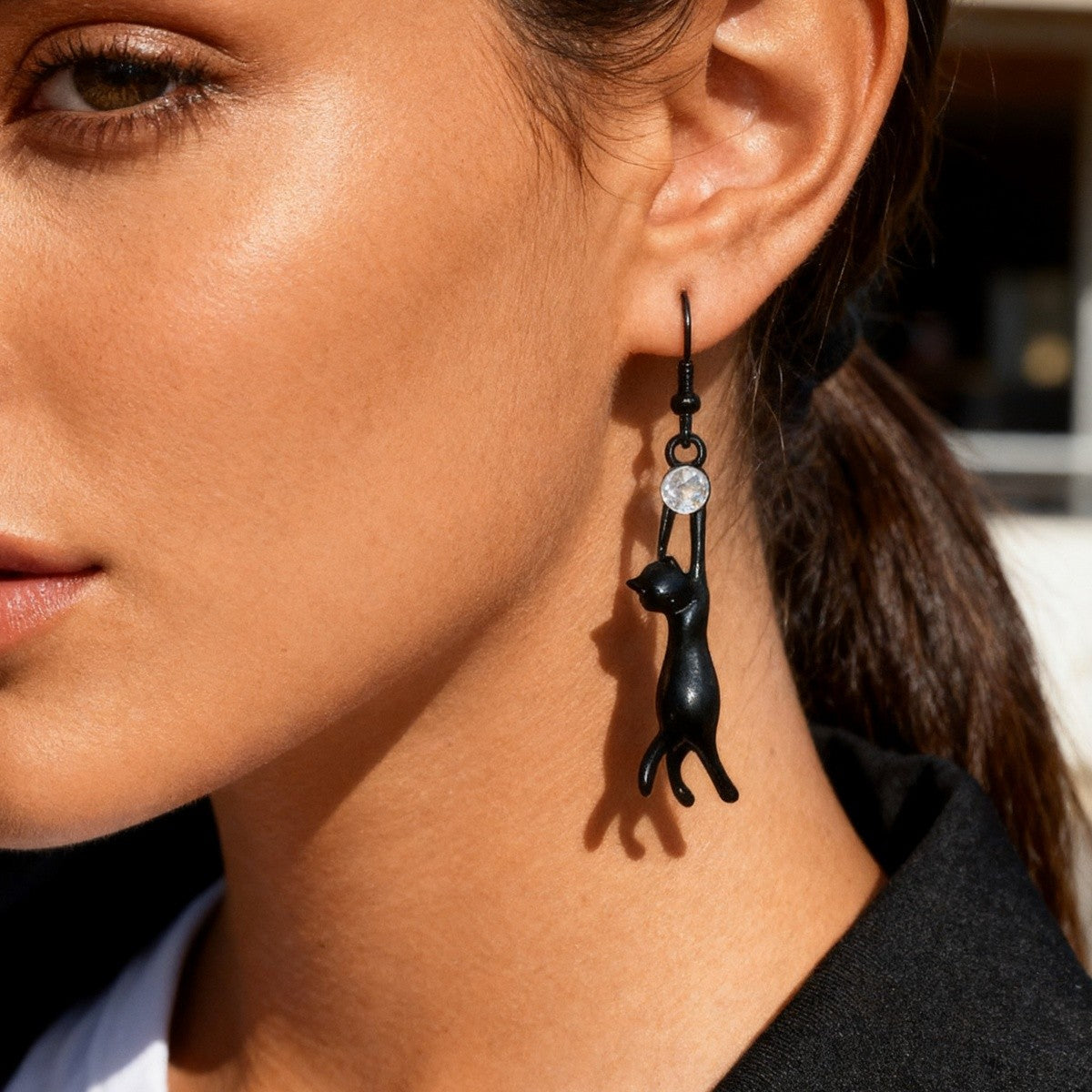 Quirky Black Cat Drop Earrings