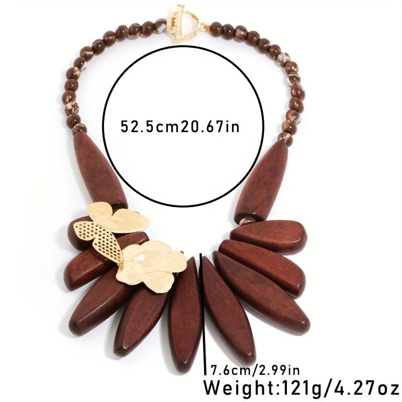 Boho Vintage Wood Floral Necklace