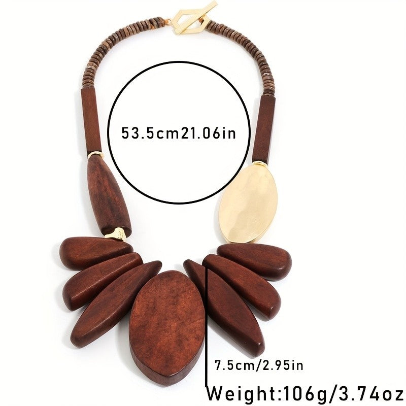 Boho Vintage Wood Floral Necklace