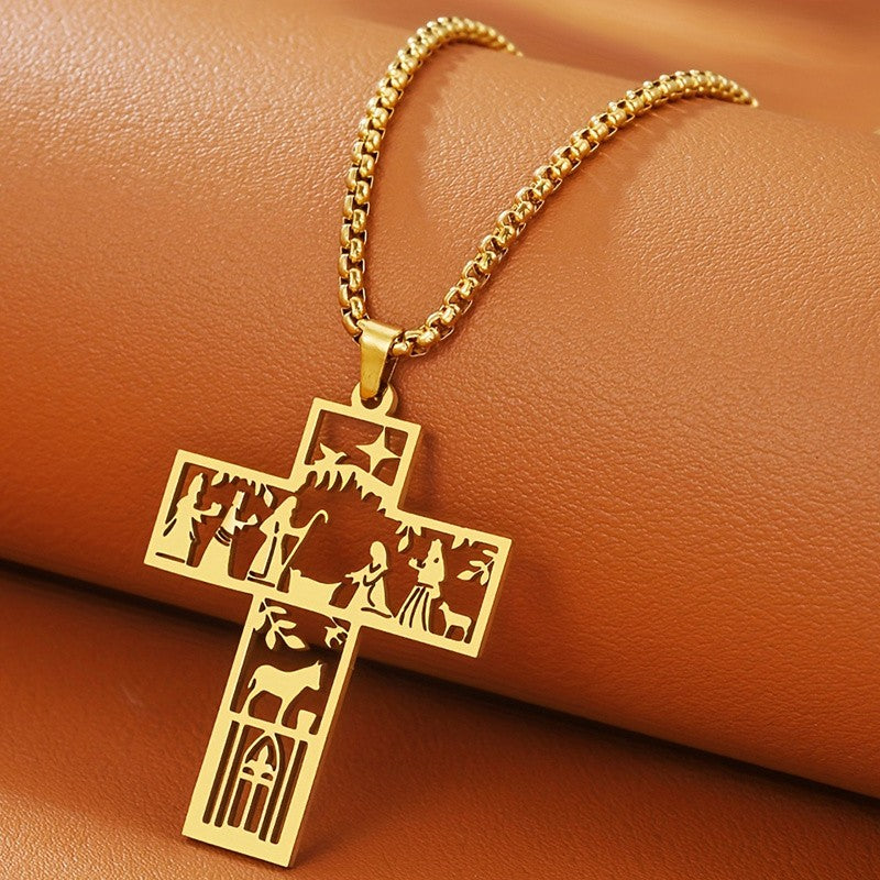 Classy Nativity Scene Cross Necklace