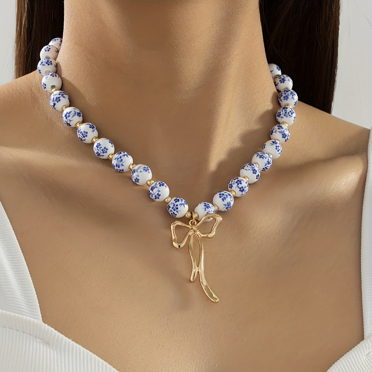 Boho Blue Floral Ceramic Bow Necklace