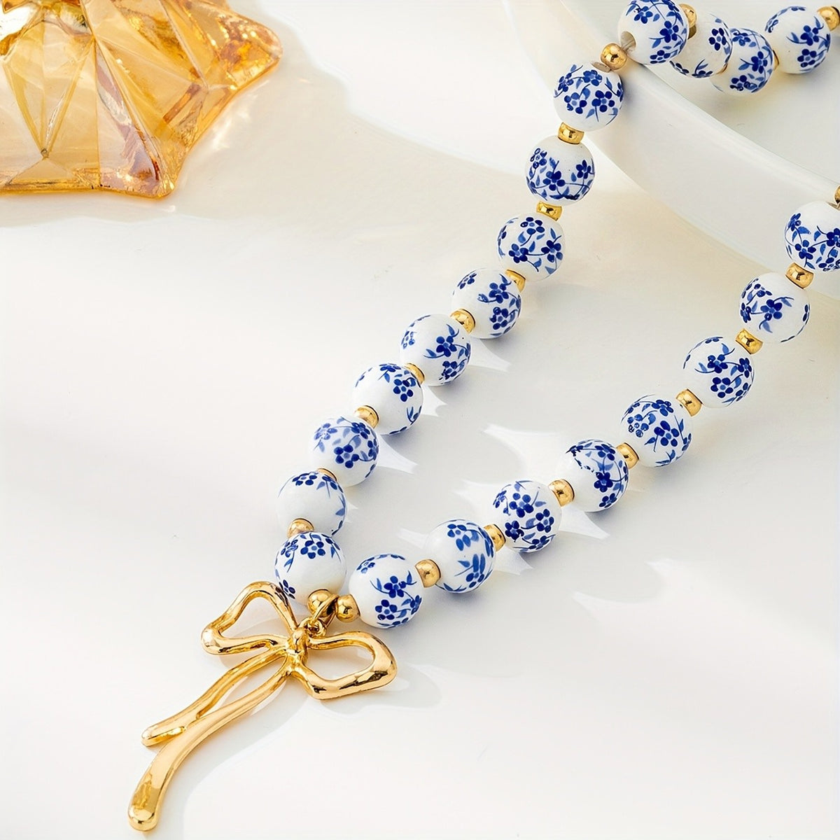 Boho Blue Floral Ceramic Bow Necklace
