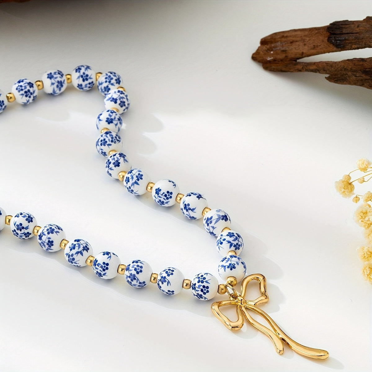 Boho Blue Floral Ceramic Bow Necklace
