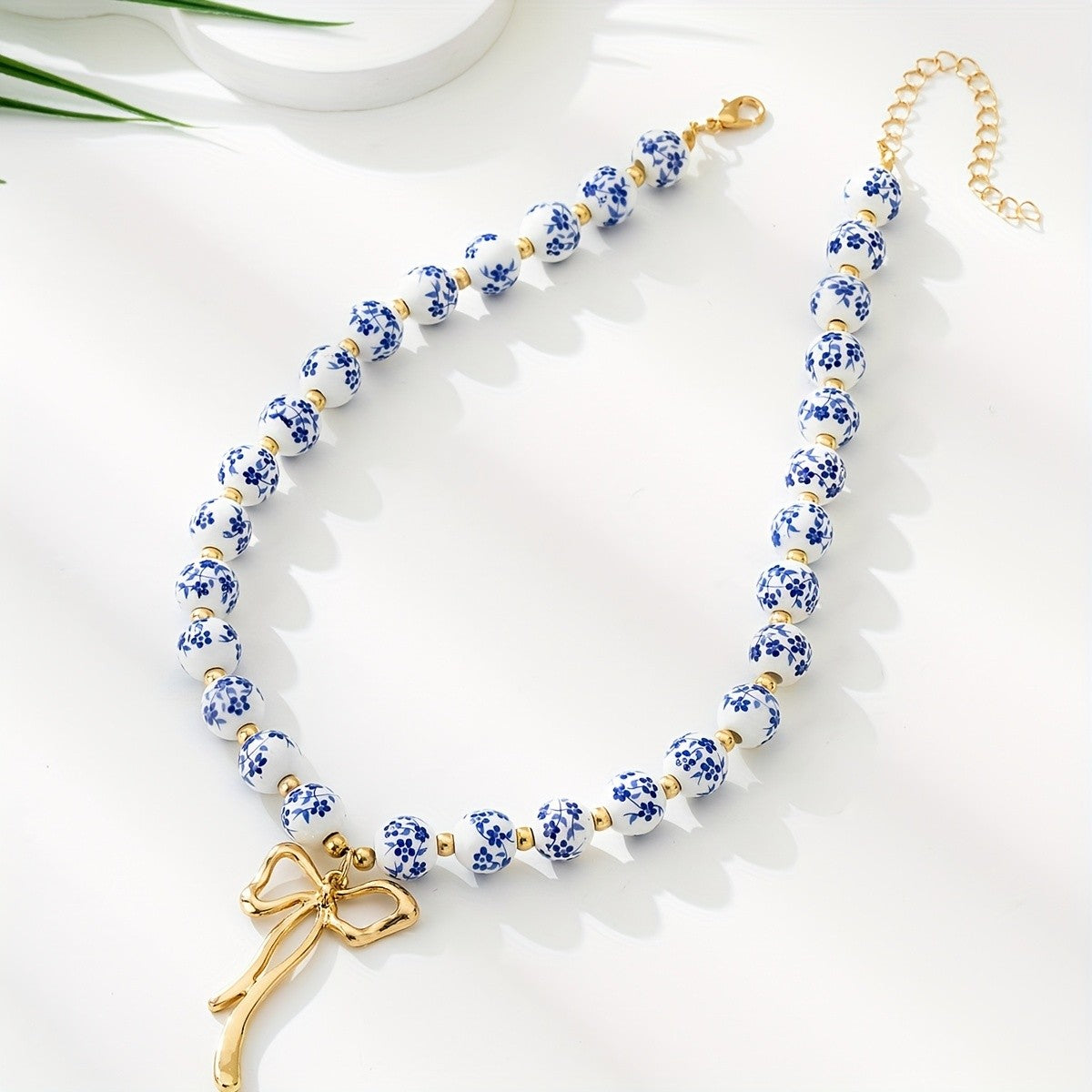 Boho Blue Floral Ceramic Bow Necklace