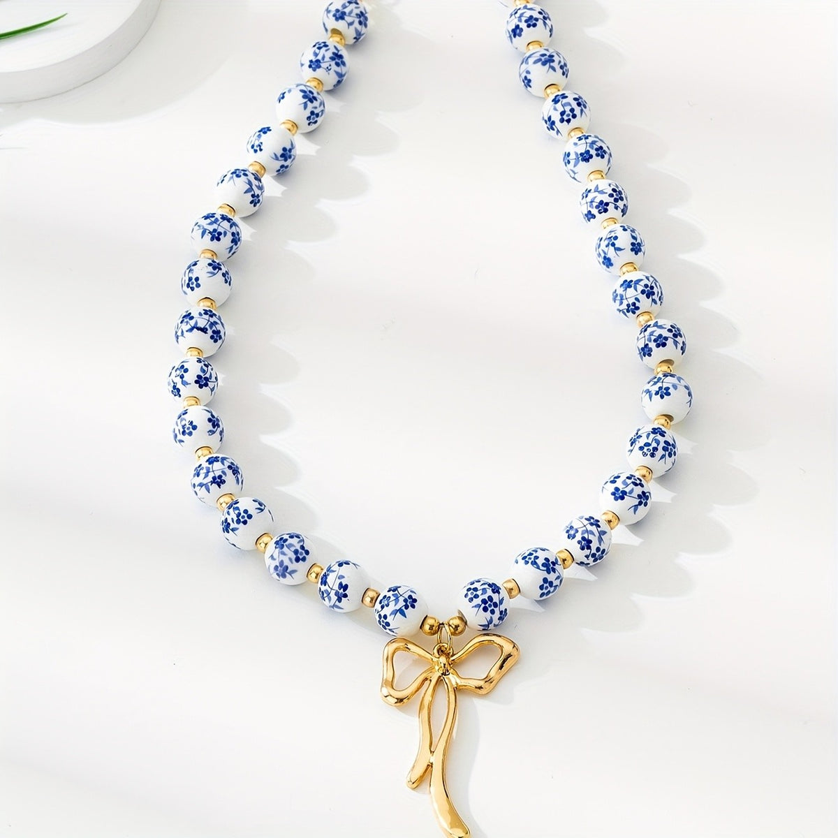 Boho Blue Floral Ceramic Bow Necklace