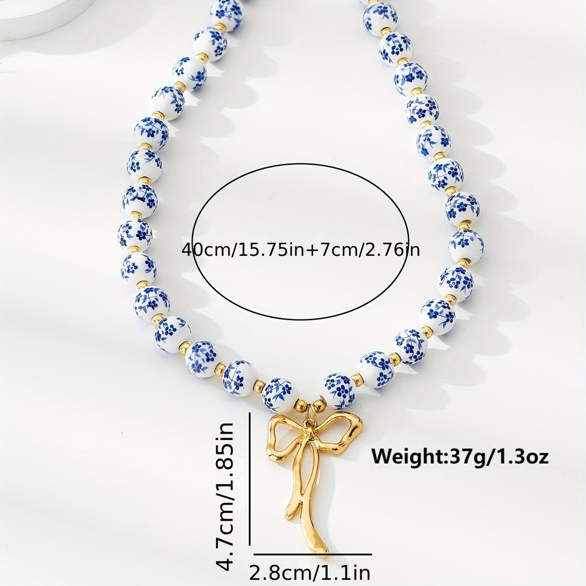 Boho Blue Floral Ceramic Bow Necklace