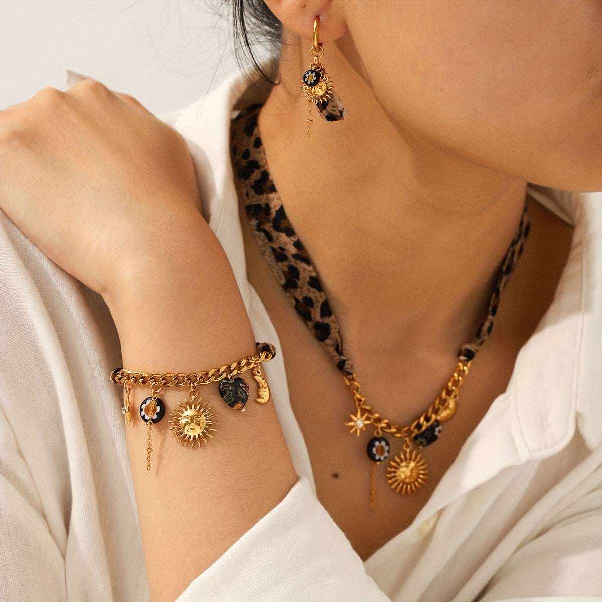 18k Boho Sun Leopard Print Necklace Set