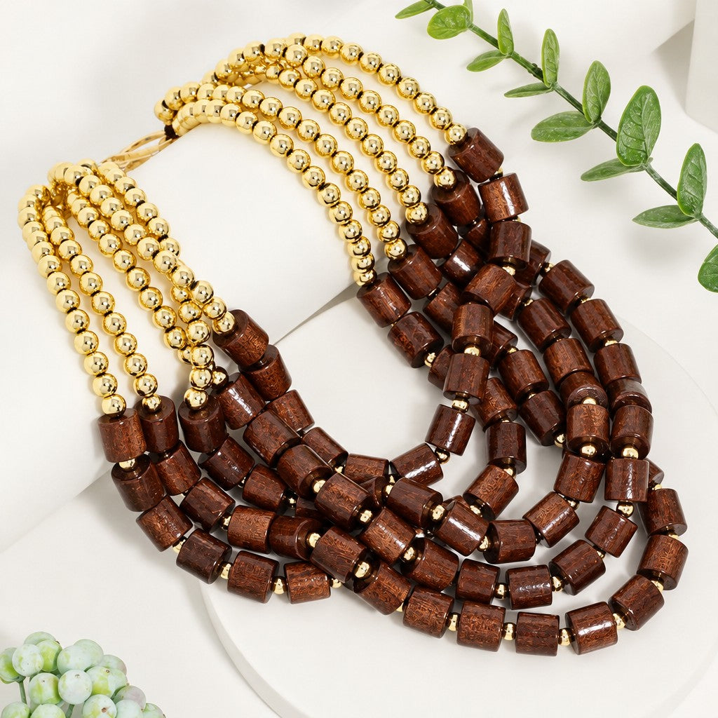 Boho Vintage Wooden Cylinder Multi-Layer Necklace