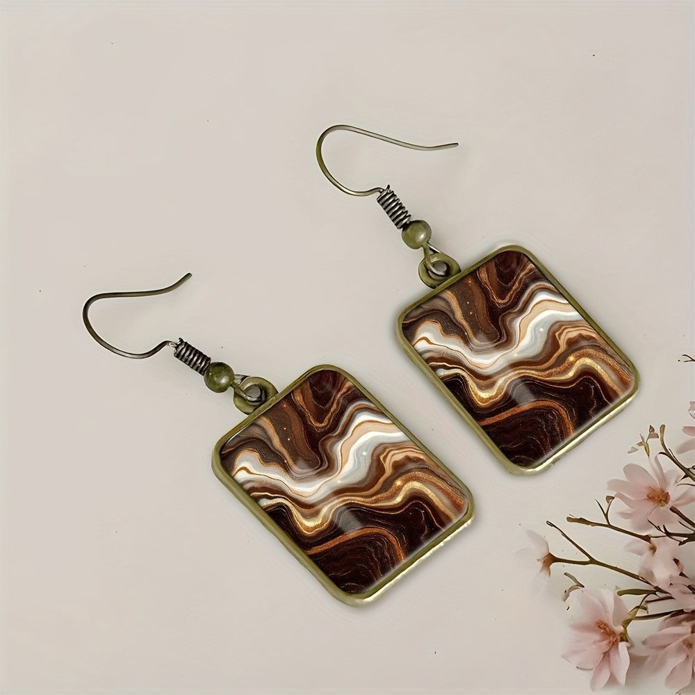 Vintage Marbled Amber Square Dangle Earrings