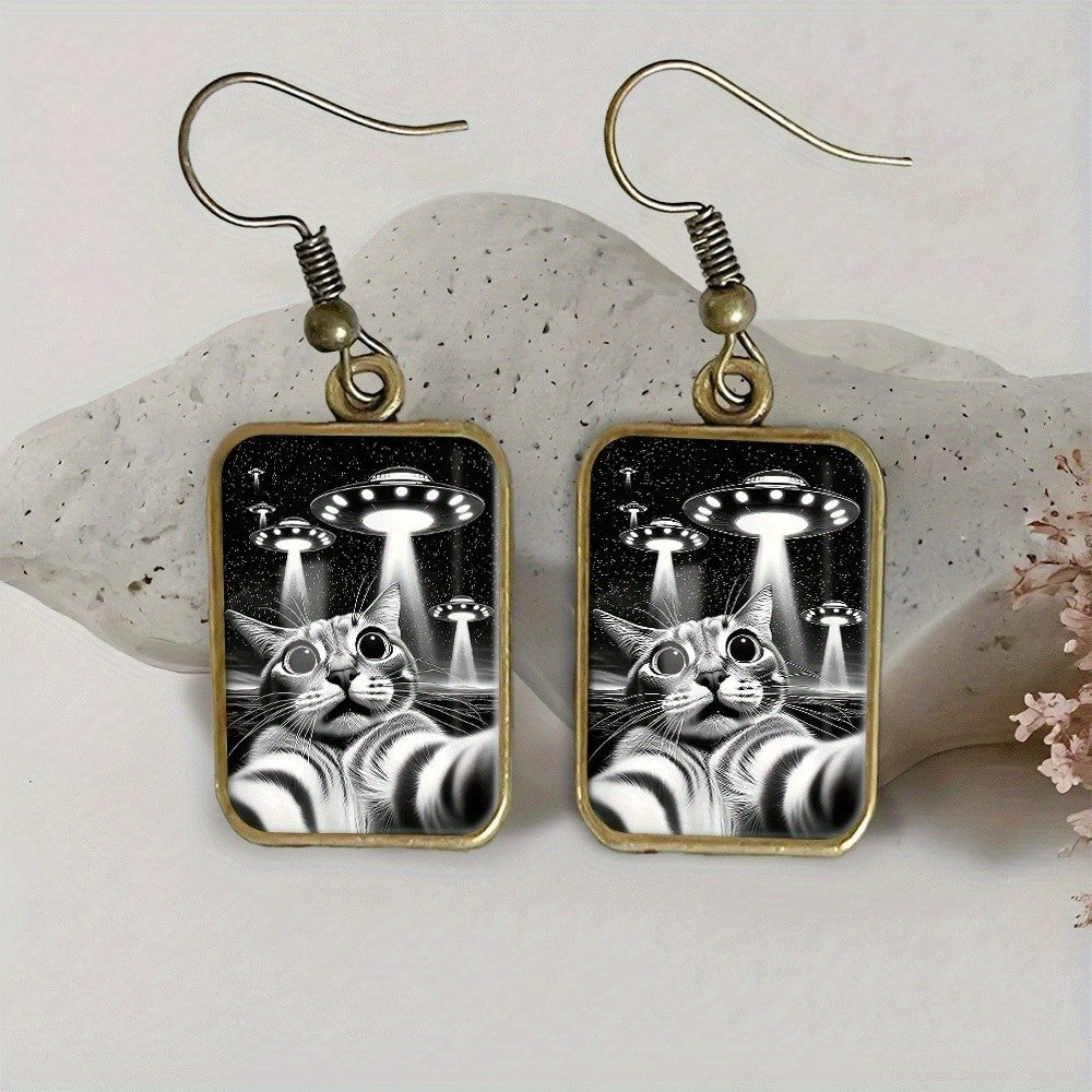 Retro Cat UFO Drop Earrings