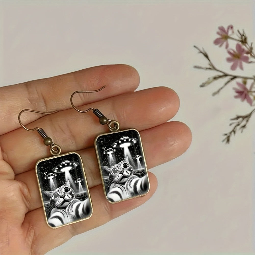 Retro Cat UFO Drop Earrings