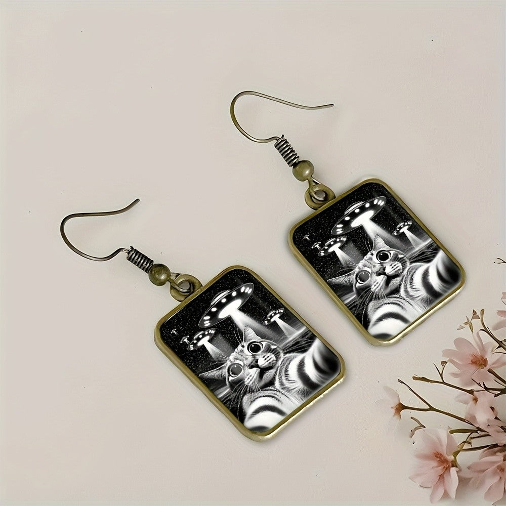Retro Cat UFO Drop Earrings