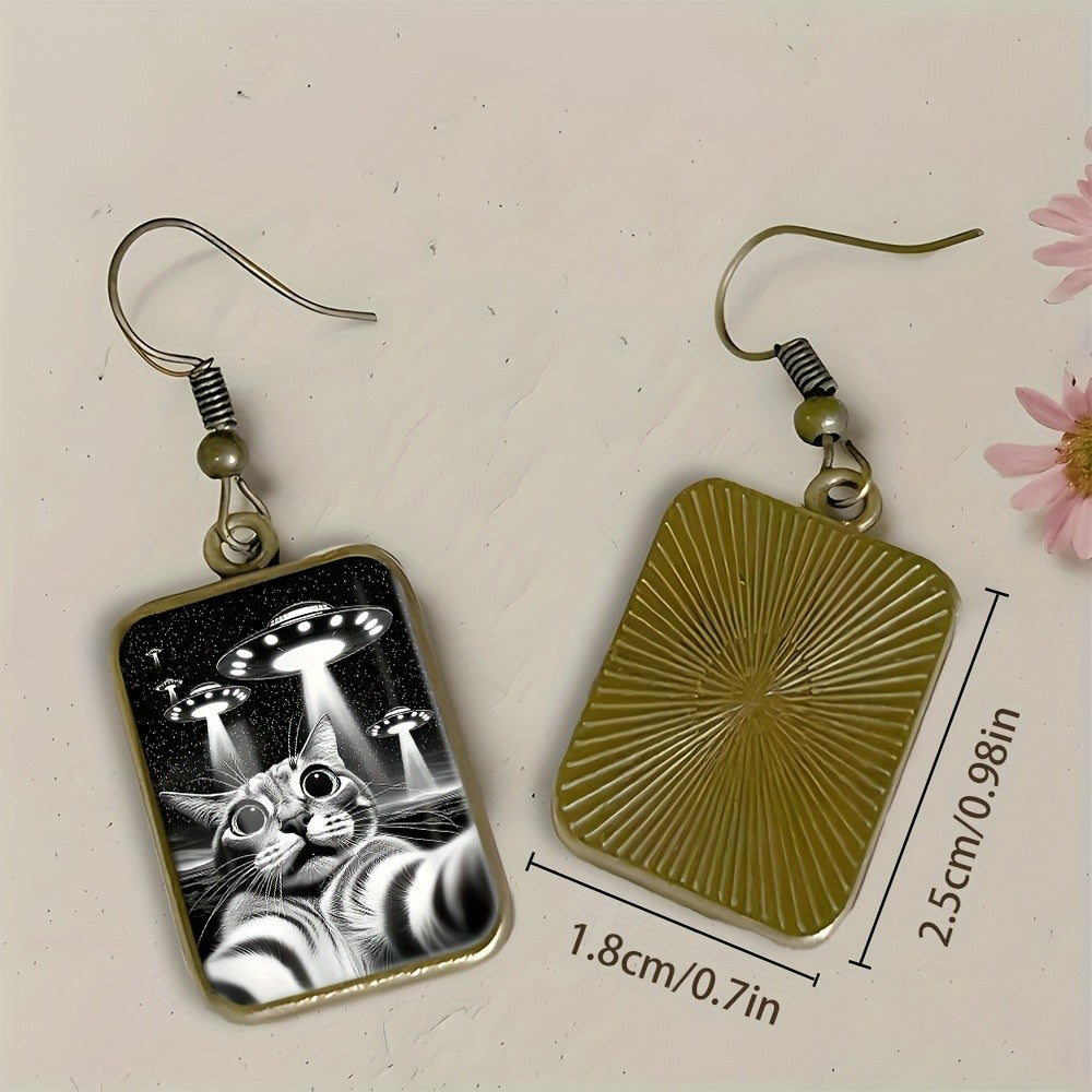 Retro Cat UFO Drop Earrings