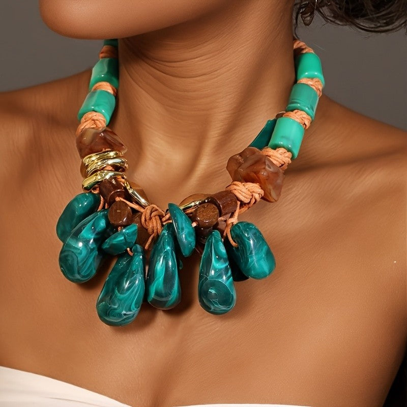 Boho Woven Rope Malachite Teardrop Necklace