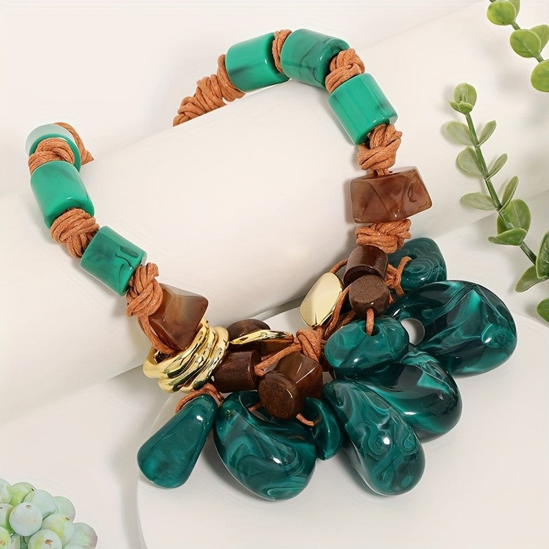 Boho Woven Rope Malachite Teardrop Necklace