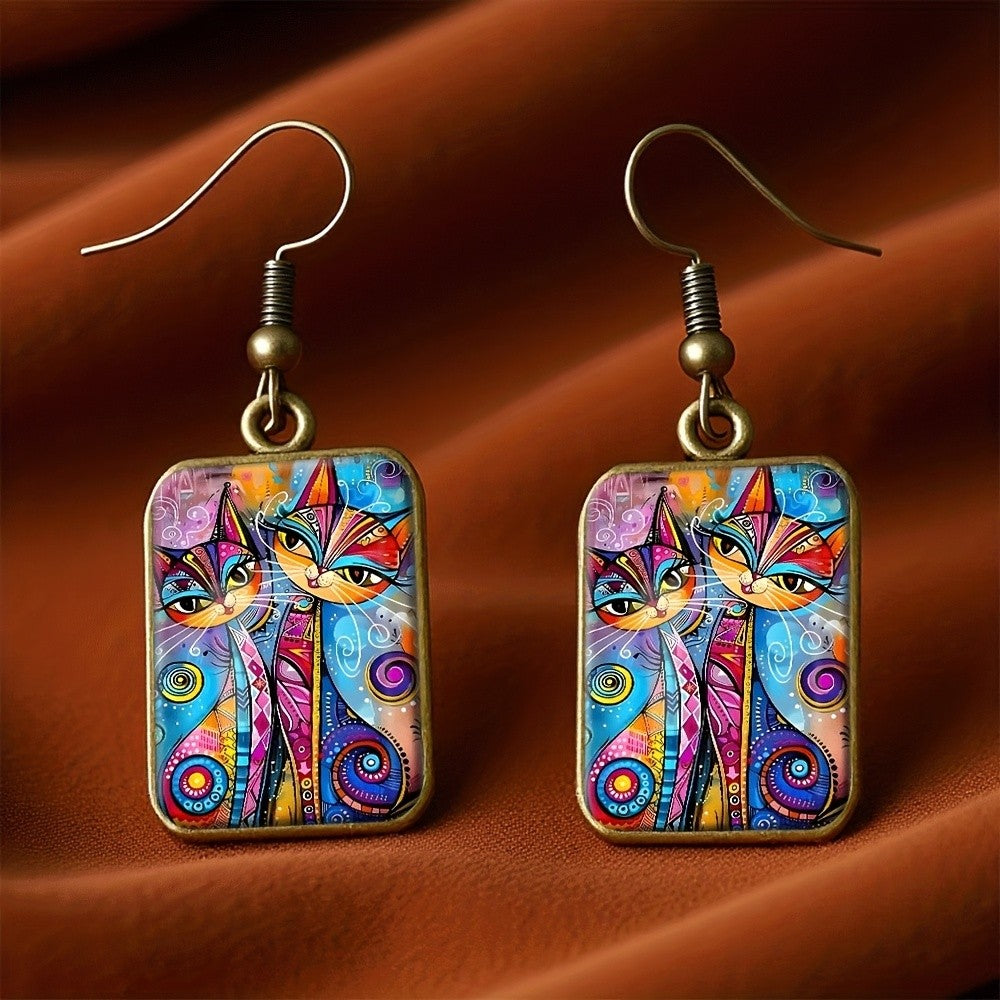 Boho Colorful Abstract Cat Earrings