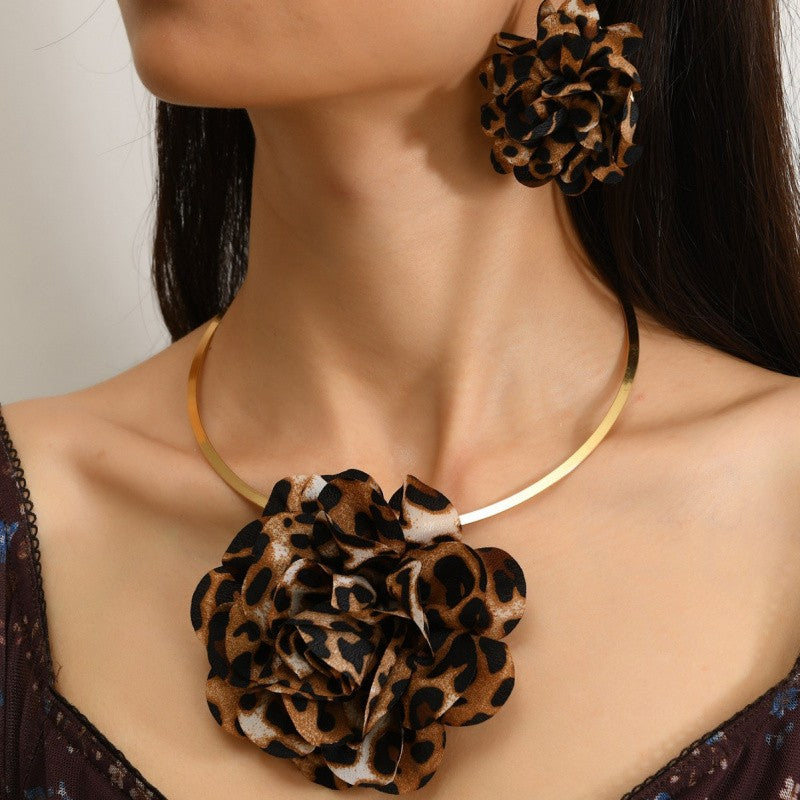 Leopard Print Flower Collar Necklace & Earrings Set