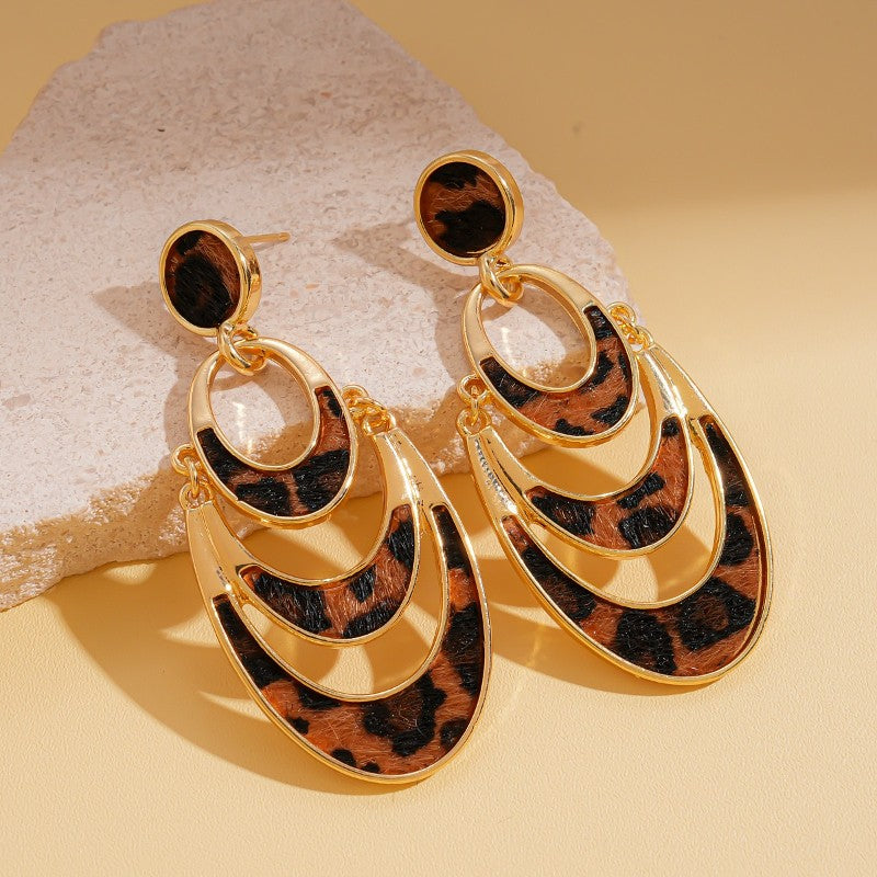 Vintage Leopard Print Layered Oval Earrings