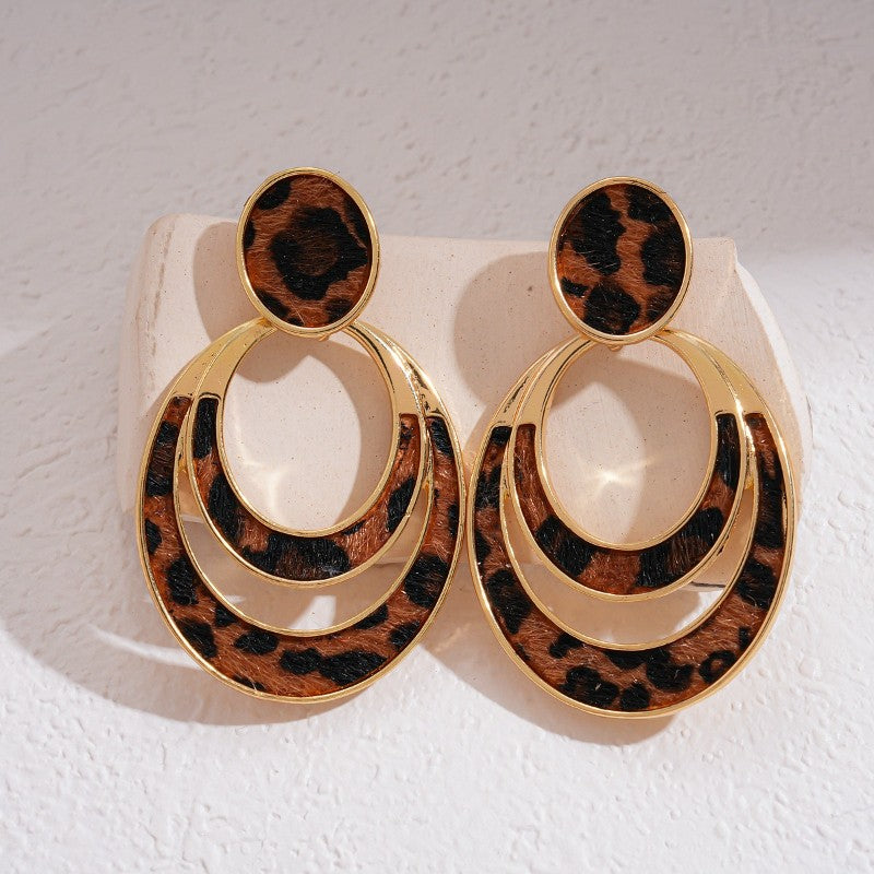Vintage Leopard Print Layered Oval Earrings