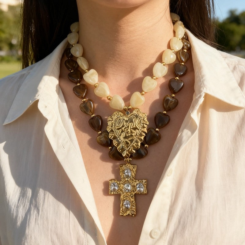 18k Vintage Heart Cross Necklace