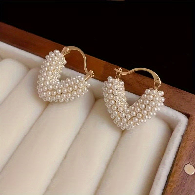 Vintage Faux Pearl Heart Hoop Earrings
