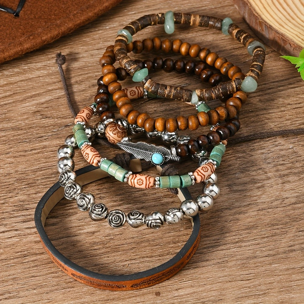 6pc Vintage Boho Feather & Wood Bracelet Set
